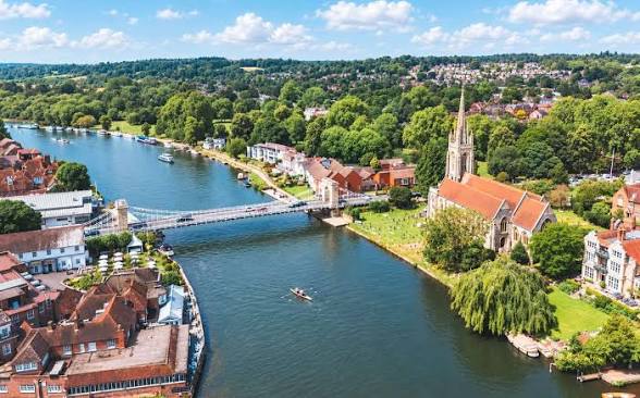 Marlow Bridge, All Saints Church and the Thames from the air